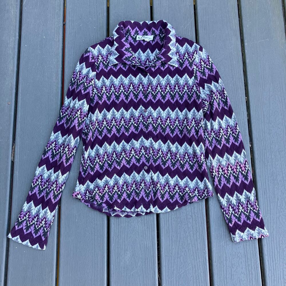 Y2K purple knit chevron button up shirt, bohemian psychedelic 70s style groovy